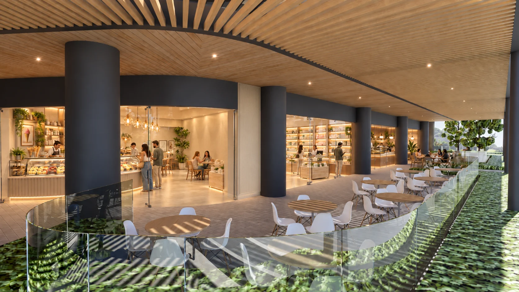 Cafetería y tiendas bajo la galería de la plaza comercial